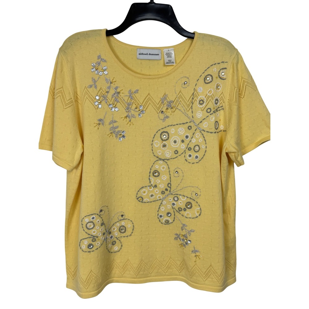 Alfred Dunner Womens Cotton Blend Knit Top L Yellow Butterfly Beaded Pointelle
